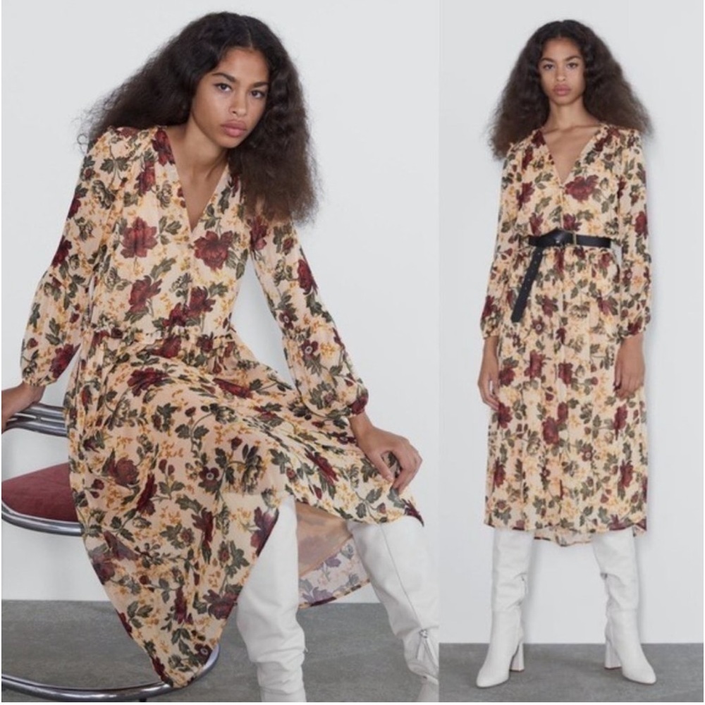 Zara floral print midi dress size XS sheer Fariy